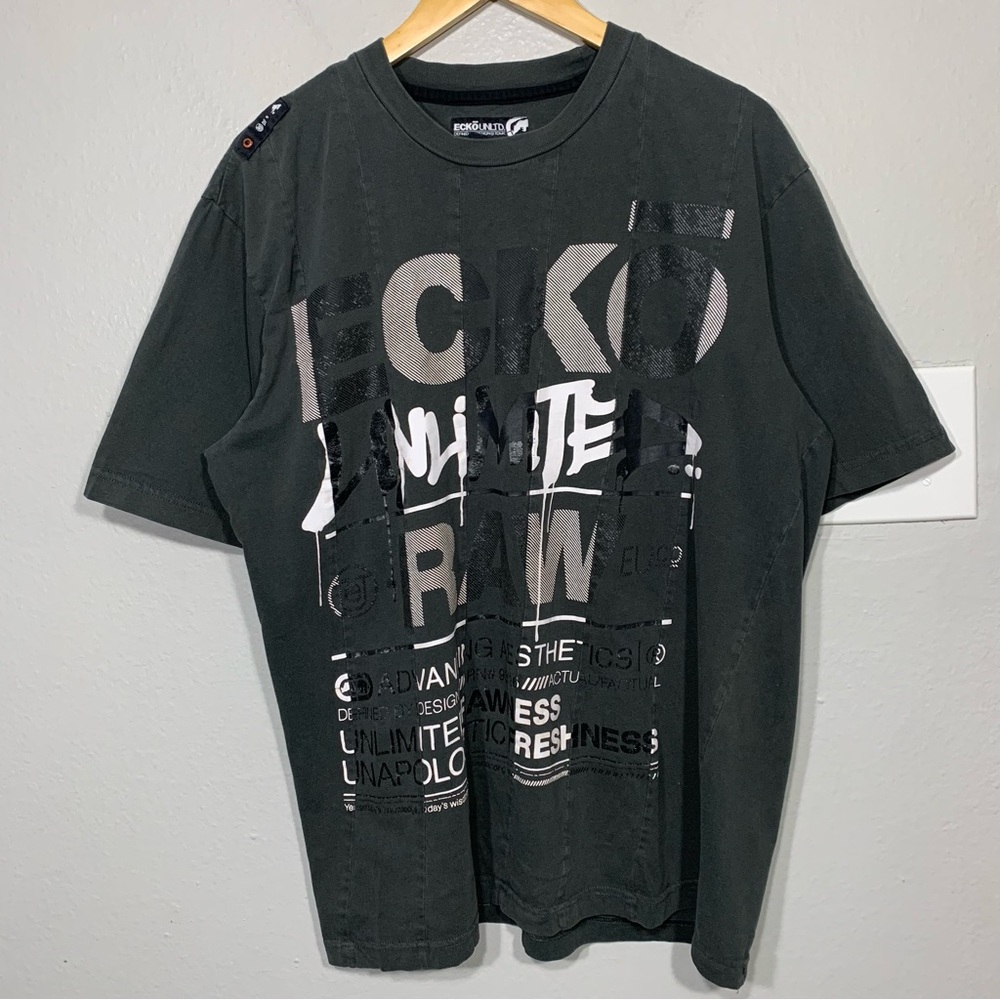 Ecko Unltd Raw Gray Cut Sew Tee Grunge Hip Hop Y2K XL